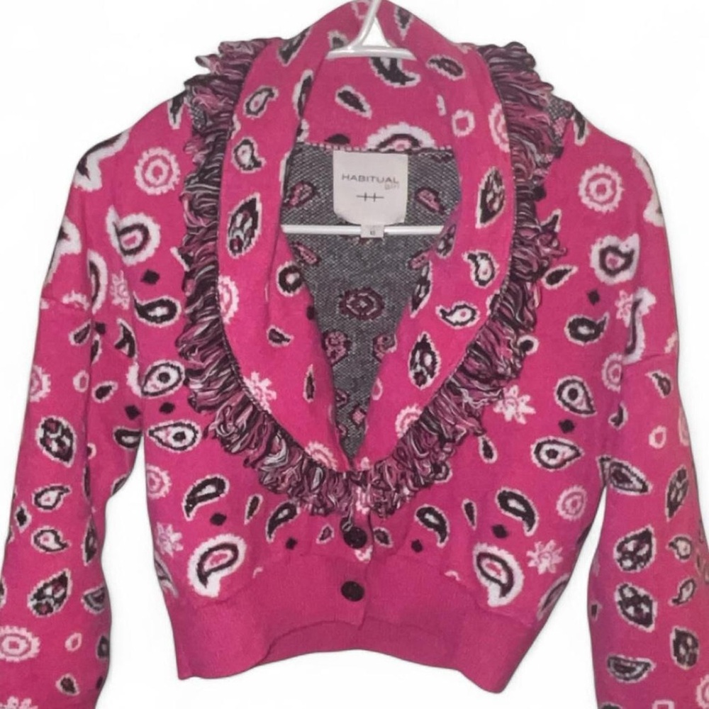 Habitual Fuchsia and Black Paisley Patterned Button Up Sweater with Fringe